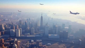 Aerial view of New York City skyline with multiple airport terminals visible, showing LaGuardia, JFK, and Newark in morning light with commercial aircraft landing and departing