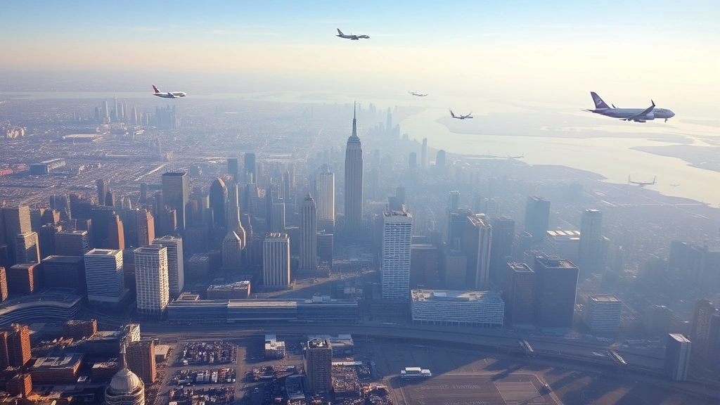 Aerial view of New York City skyline with multiple airport terminals visible, showing LaGuardia, JFK, and Newark in morning light with commercial aircraft landing and departing