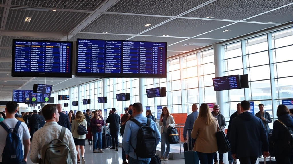 Modern airport gate area with passengers checking departure boards displaying flight information, showing busy domestic terminal with diverse travelers and luggage