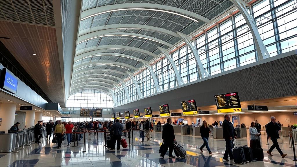Detroit Metropolitan Airport interior terminal with contemporary architecture, featuring check-in counters, information displays, and travelers with luggage in busy commercial aviation hub