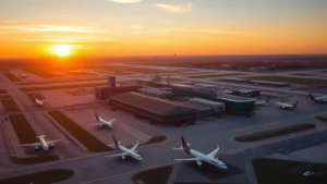Aerial photograph of Philadelphia International Airport terminal buildings and runways at sunset, commercial aircraft taxiing, vibrant golden hour lighting, realistic airport infrastructure