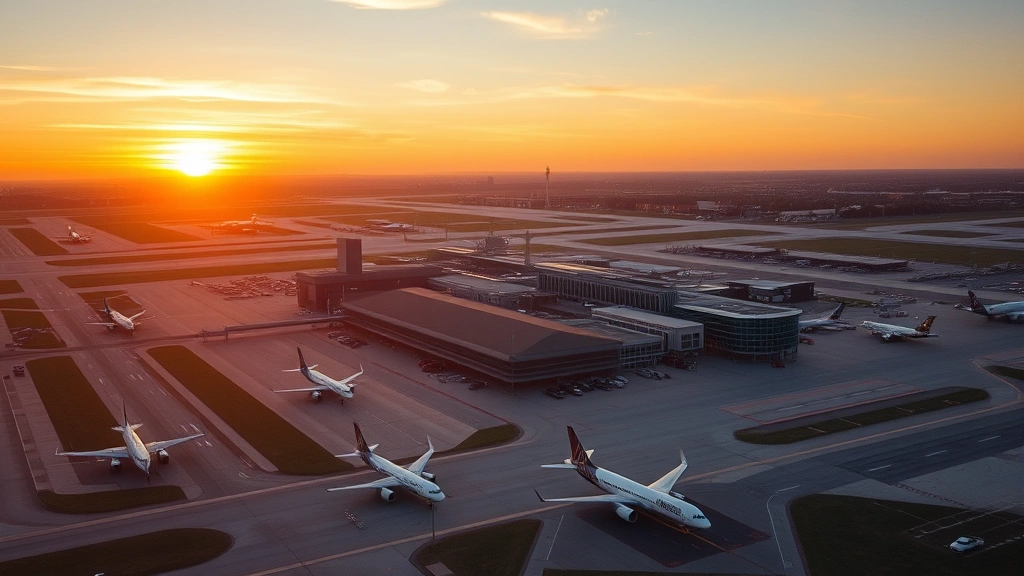 Aerial photograph of Philadelphia International Airport terminal buildings and runways at sunset, commercial aircraft taxiing, vibrant golden hour lighting, realistic airport infrastructure