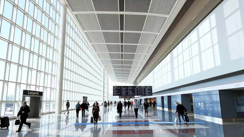 Boston Logan International Airport modern terminal interior with natural light, travelers walking through sleek corridors, departure boards visible, contemporary airport architecture