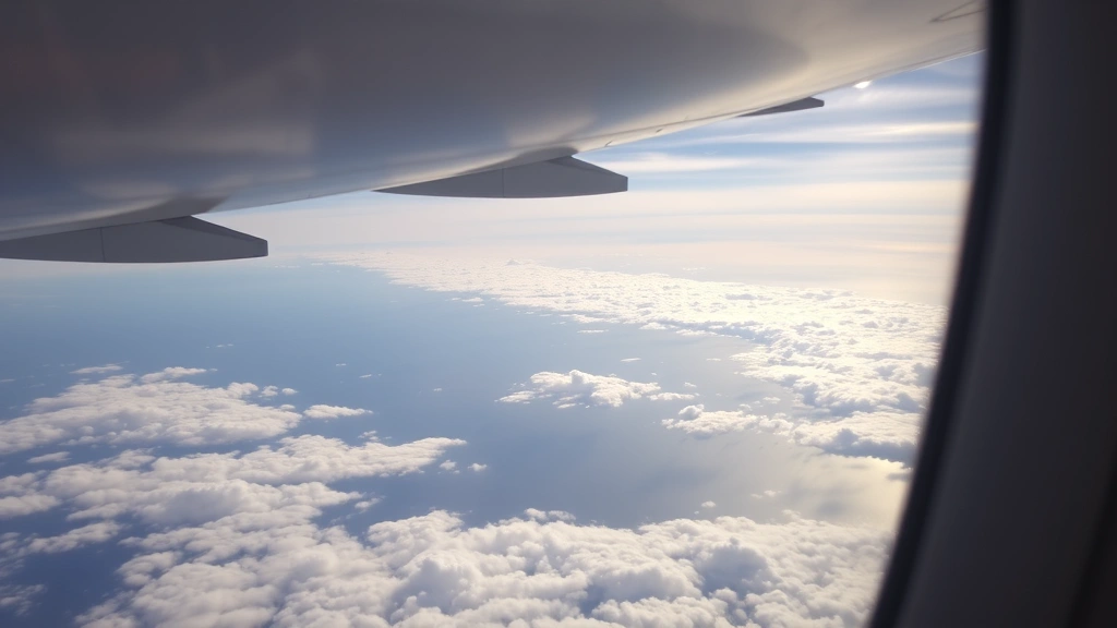 Airplane window view of Northeast coastline during flight from Philadelphia to Boston, Atlantic Ocean below, cloud formations, realistic in-flight perspective showing route corridor