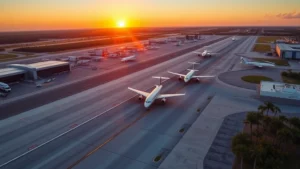 Aerial view of Tampa International Airport (TPA) with aircraft on tarmac at sunrise, palm trees visible, clear Florida sky, photorealistic