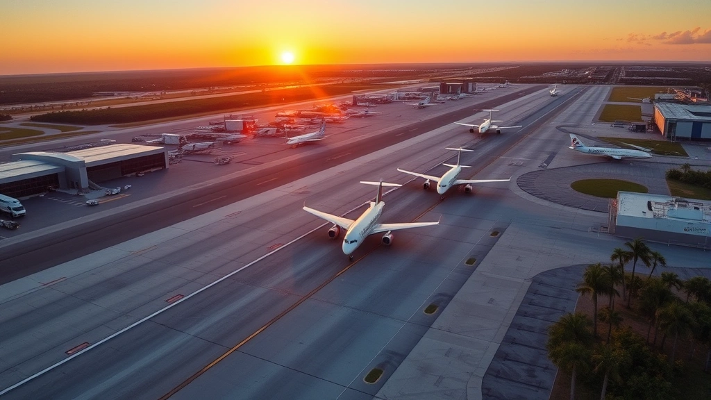 Aerial view of Tampa International Airport (TPA) with aircraft on tarmac at sunrise, palm trees visible, clear Florida sky, photorealistic