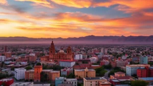 Aerial view of Aguascalientes city skyline at sunset with colonial architecture and modern buildings, vibrant Mexican landscape with desert mountains in background