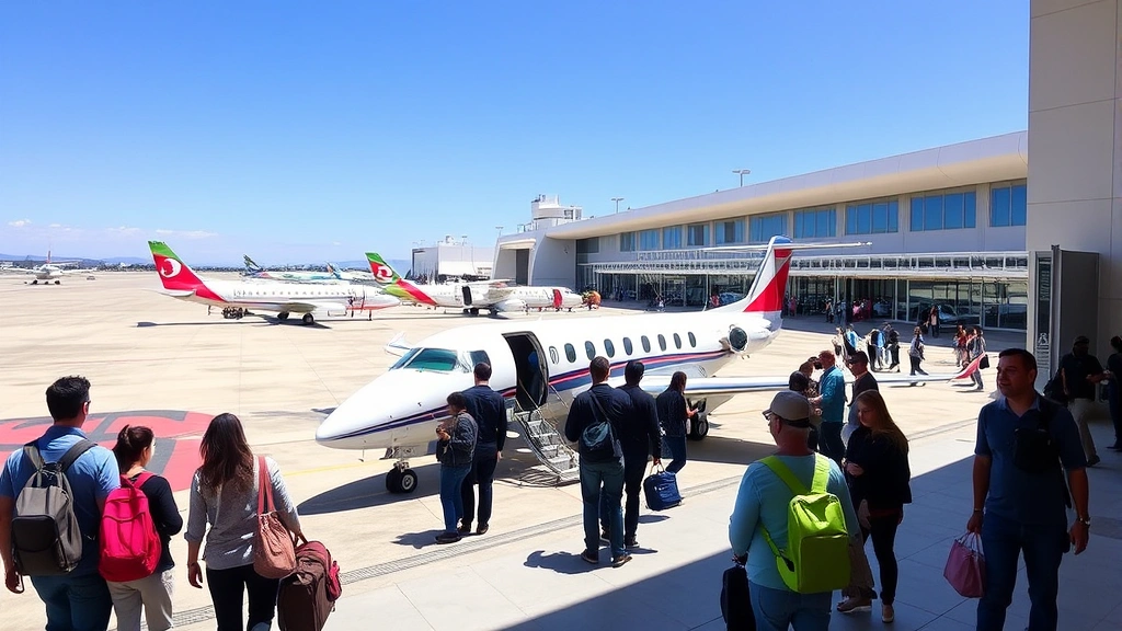 Passengers boarding small regional aircraft at Aguascalientes International Airport terminal, tarmac with planes, clear blue sky, modern airport facilities