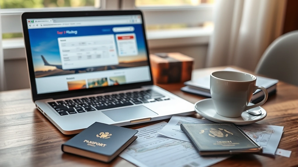 Travel planning scene with laptop displaying flight booking website, coffee cup, passport and travel documents on desk, warm natural lighting