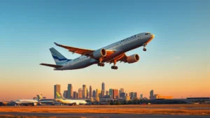 Modern commercial aircraft taking off at sunrise from Dallas Fort Worth International Airport with Arlington skyline visible in background, professional aviation photography