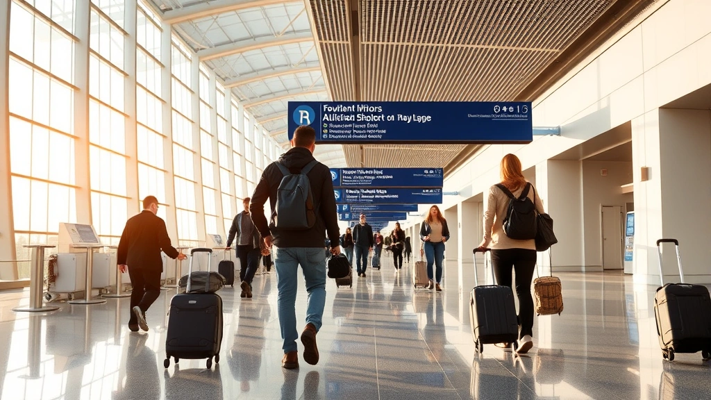 Travelers with luggage walking through bright modern airport terminal with clear wayfinding signage, contemporary airport interior architecture and natural lighting