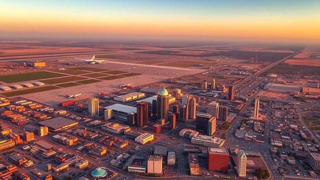 Aerial view of Dallas-Fort Worth metroplex showing both airport complexes and Arlington cityscape during golden hour, urban landscape photography