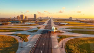 Aerial view of Tampa International Airport runway with planes, palm trees visible, golden hour lighting, Florida skyline in background