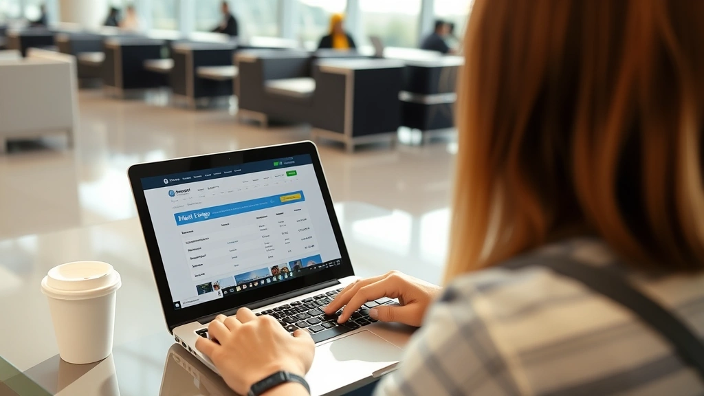 Passenger looking at flight booking website on laptop at Tampa airport lounge, coffee cup nearby, modern terminal interior, natural window light