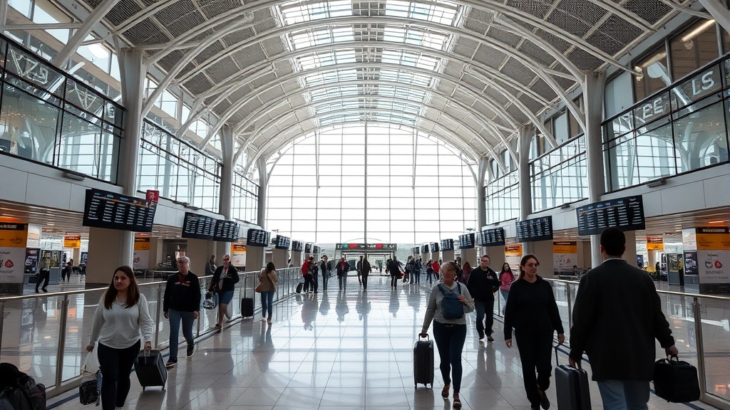 Hartsfield-Jackson Atlanta International Airport interior with travelers walking through modern terminal, departure boards visible, contemporary architecture and glass
