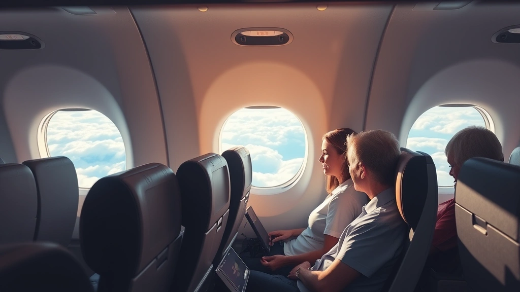 Modern aircraft interior cabin during flight, passengers seated comfortably, window showing clouds and sky below, natural daylight streaming through windows, realistic commercial airline seating