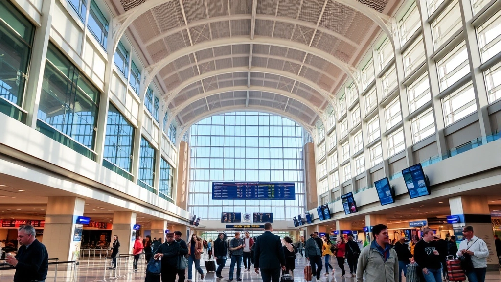 Hartsfield-Jackson Atlanta International Airport terminal interior, modern architecture with high ceilings, travelers walking with luggage, departure boards visible, bustling airport atmosphere, natural lighting