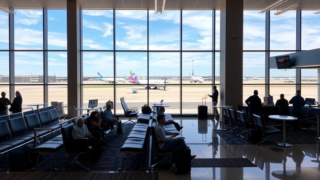 Cleveland Hopkins International Airport departure lounge area, comfortable seating areas, large windows with tarmac view, aircraft visible outside, modern airport amenities, travelers waiting for flights