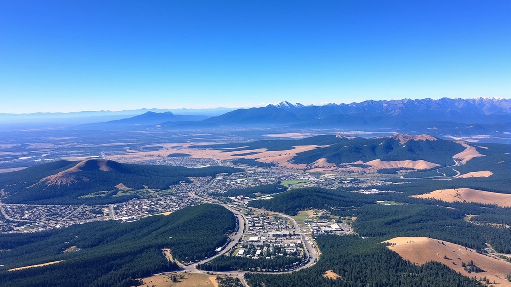 Aerial view of Bend Oregon surrounded by Cascade Mountains and forested landscape with clear blue sky, showcasing the destination beauty from above