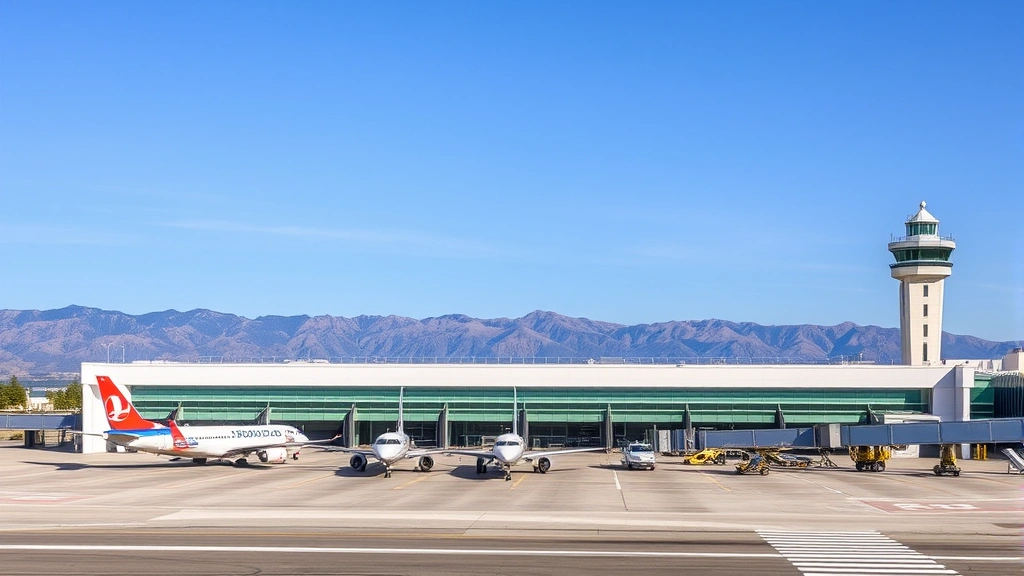 Roberts Field airport terminal building with commercial aircraft at gates, modern airport architecture with mountain views in background
