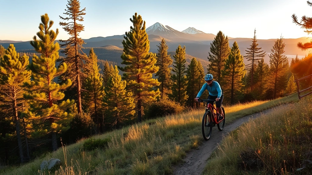Mountain biker riding on Bend trail with pine forest, Mount Bachelor visible in distance, golden hour lighting
