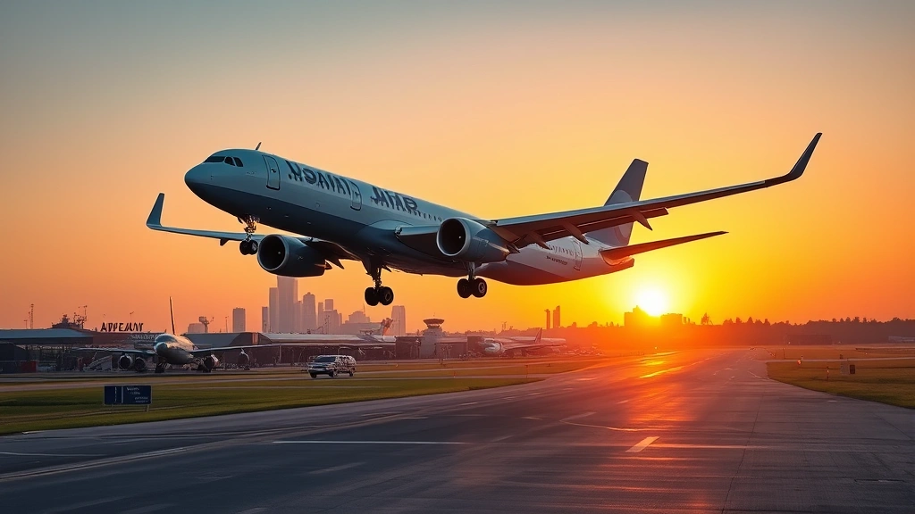 Modern aircraft taking off from Birmingham International Airport at golden hour sunrise, with runway lights visible and city skyline in background, photorealistic wide-angle aviation photography