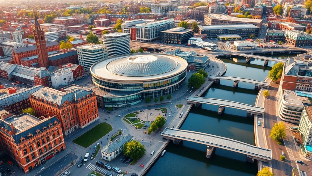 Vibrant aerial view of Birmingham city center showing historic Victorian buildings, modern Bullring shopping center, and canal network waterways winding through urban landscape at midday