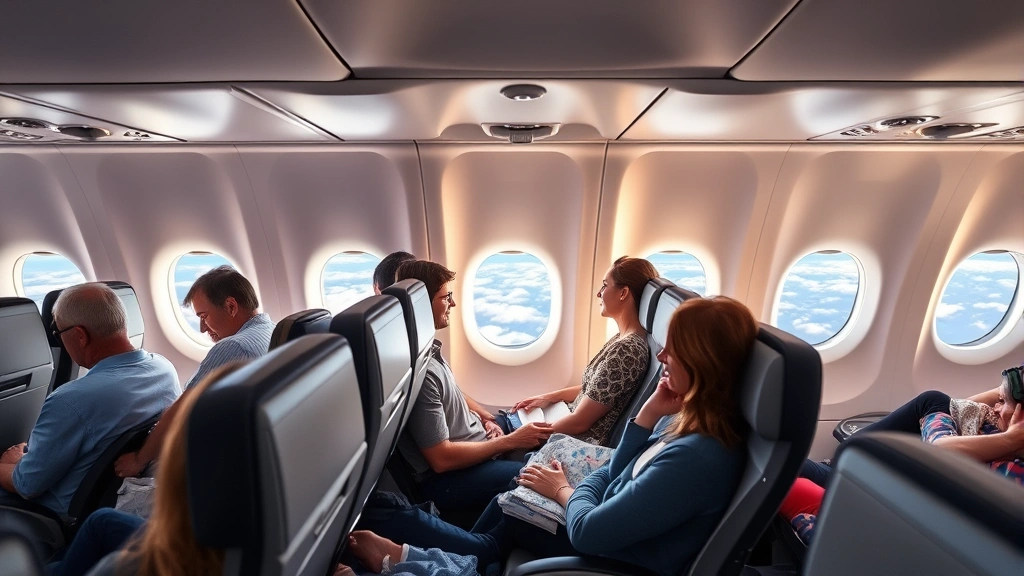 Comfortable airplane cabin interior with passengers relaxed in seats, modern aircraft windows showing blue sky and clouds during flight, natural daylight streaming through windows, professional travel photography