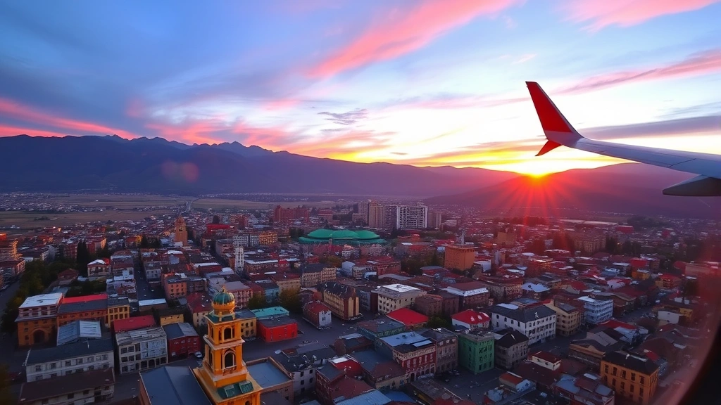 Aerial view of La Paz Bolivia with colorful buildings and mountain valley landscape at sunrise, vibrant cityscape from airplane window perspective