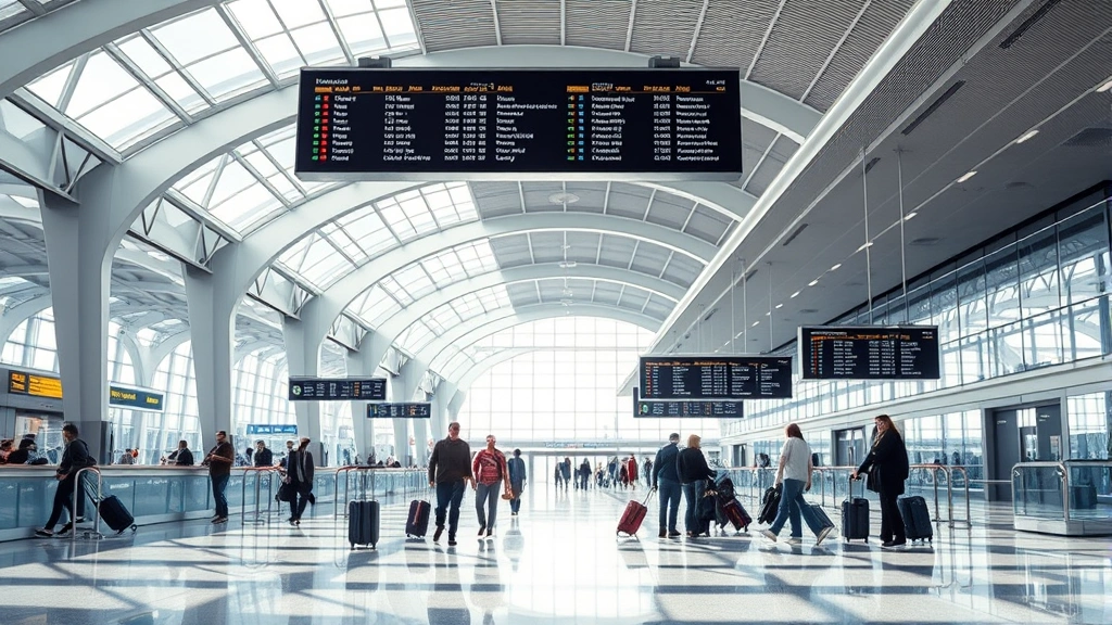 Modern airport terminal interior with departure boards and travelers checking luggage, contemporary aviation hub with natural lighting and glass architecture