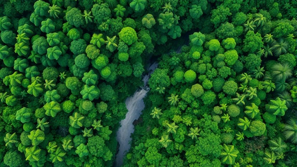 Lush Amazon rainforest canopy from above showing dense green vegetation and winding river, aerial landscape photography of pristine tropical wilderness