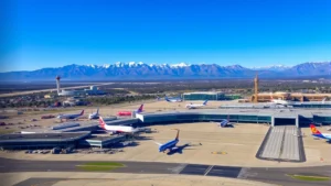 Aerial view of Denver International Airport with Rocky Mountains visible in background, commercial aircraft on runway, modern terminal buildings, daytime mountain landscape