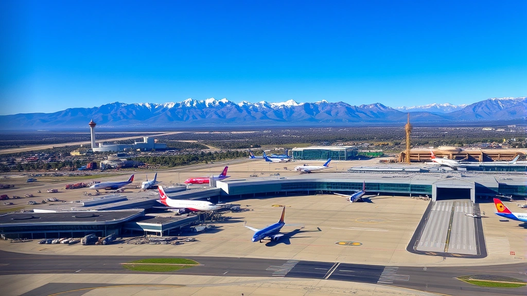 Aerial view of Denver International Airport with Rocky Mountains visible in background, commercial aircraft on runway, modern terminal buildings, daytime mountain landscape