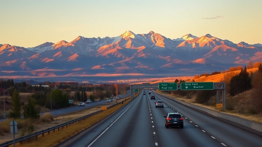 Highway view from Denver to Boulder showing US-36 corridor with mountains ahead, late afternoon golden hour lighting, cars traveling toward Rocky Mountains, scenic mountain landscape