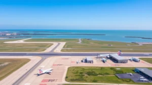 Aerial view of Brownsville/South Padre Island International Airport (TSI) with runway, tarmac, and aircraft parked at gates, showing the small regional airport facility with Rio Grande visible in background, clear blue sky, professional aviation photography