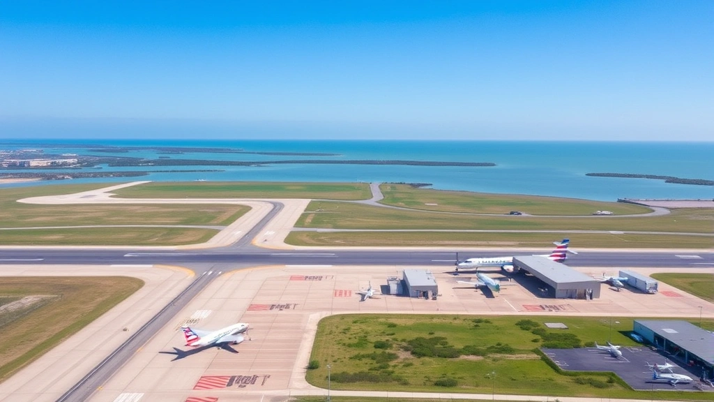 Aerial view of Brownsville/South Padre Island International Airport (TSI) with runway, tarmac, and aircraft parked at gates, showing the small regional airport facility with Rio Grande visible in background, clear blue sky, professional aviation photography