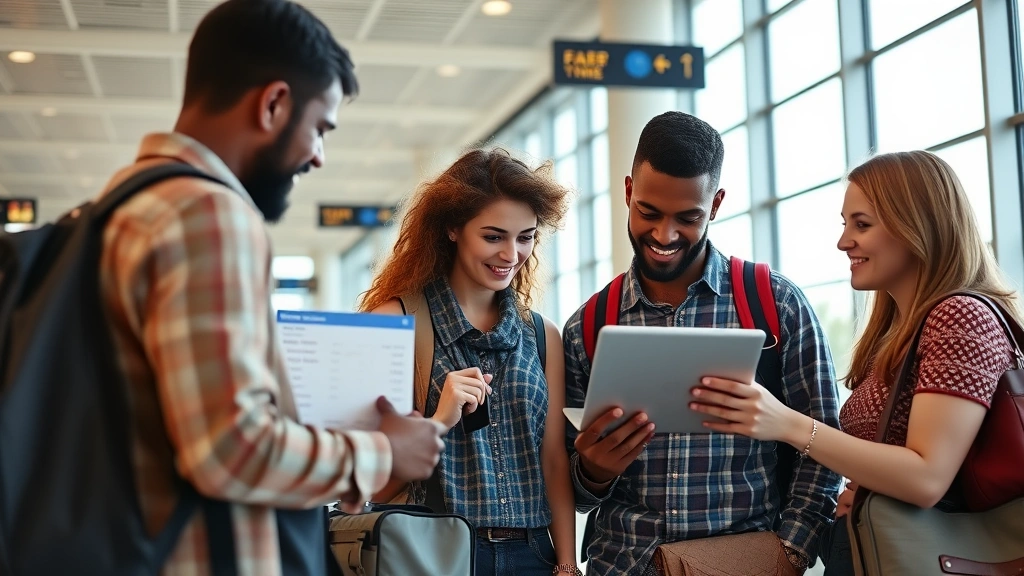 Travelers checking flight prices on laptop in modern airport terminal, displaying flight search results and fare comparisons, bright natural lighting from large windows, diverse group examining booking options, realistic travel scene