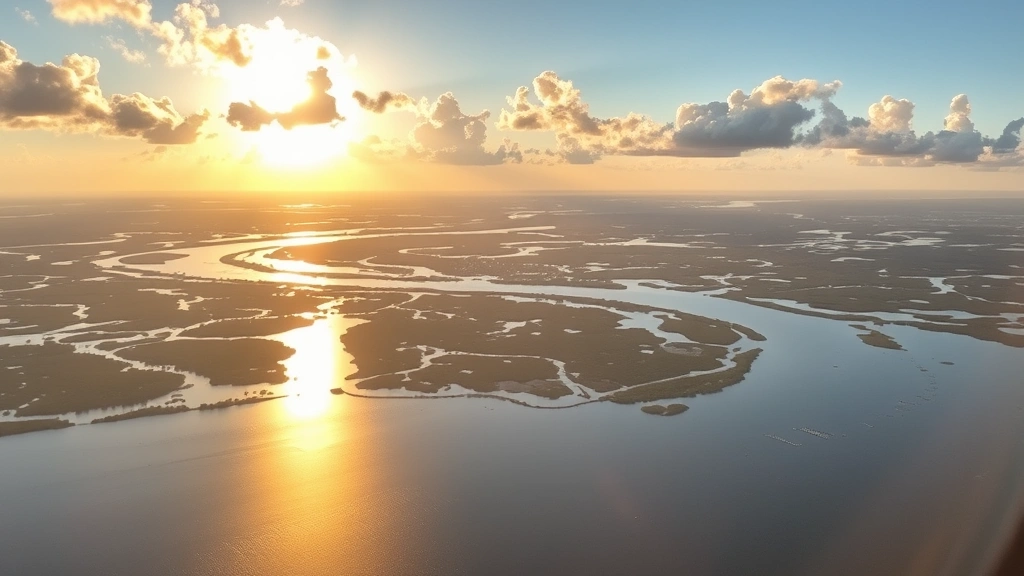 Scenic Rio Grande Valley landscape near Brownsville with palm trees, wetlands, and waterways visible from aircraft window, sunset lighting, travel destination photography showing the natural beauty of South Padre Island region