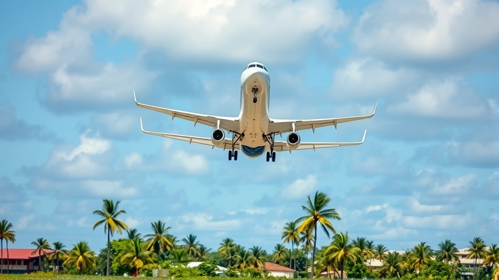 Modern aircraft taking off from tropical airport with palm trees and blue sky, professional aviation photography, no signage visible