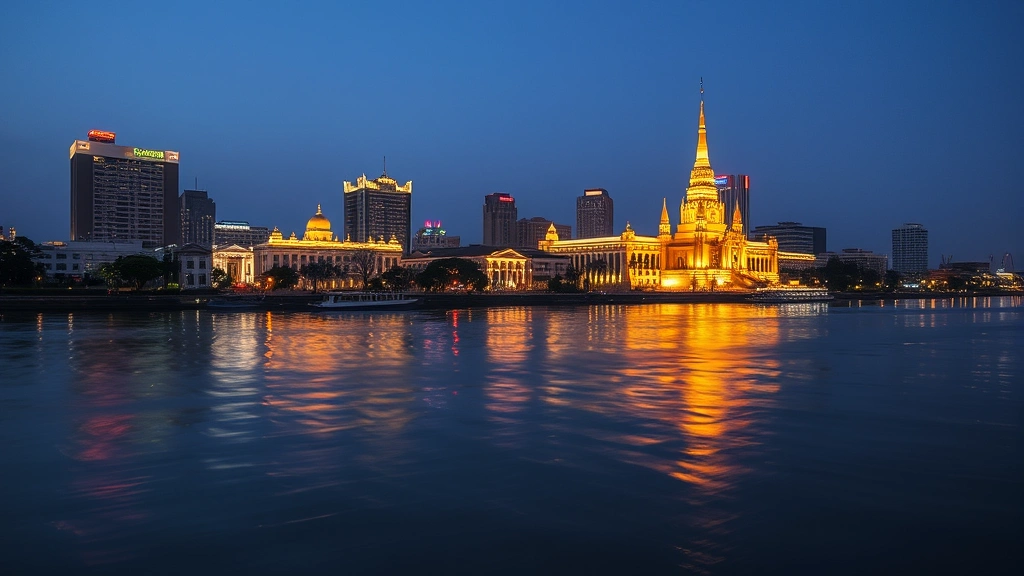 Phnom Penh riverside cityscape at dusk with illuminated buildings reflected in water, travel destination photography, no text elements