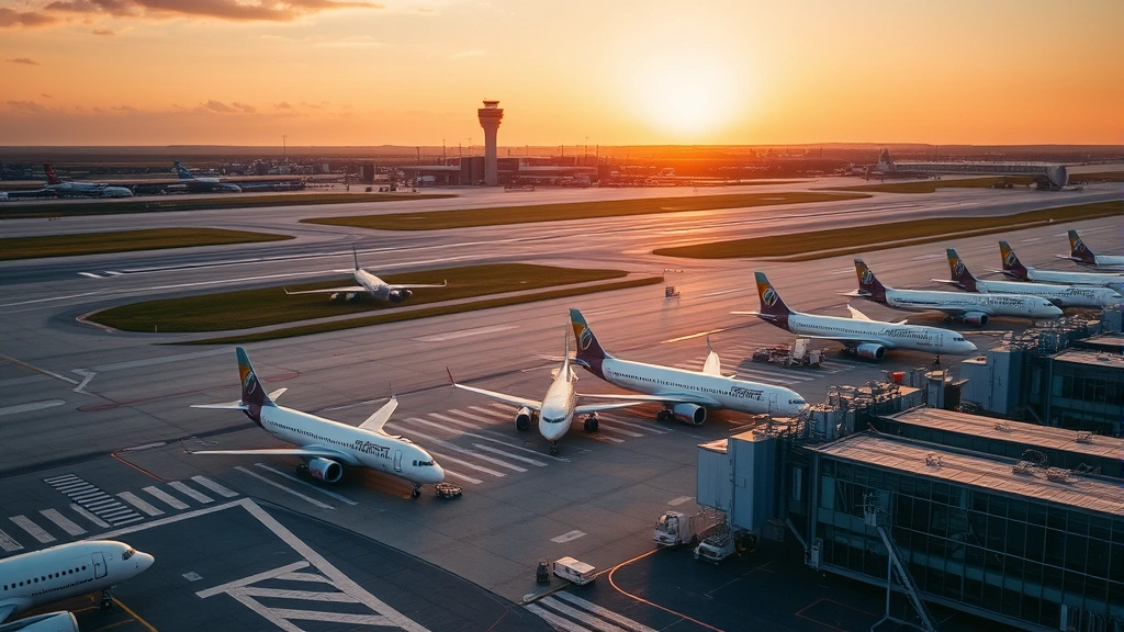 Aerial view of a modern airport terminal with aircraft parked at gates, showing runway and control tower in the background during golden hour sunset lighting
