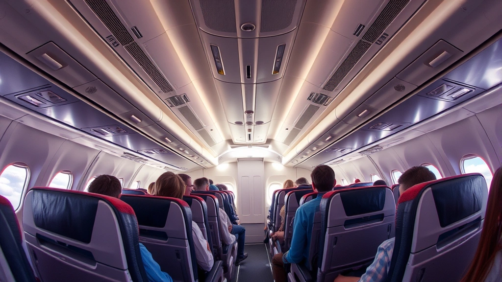 Wide-angle shot of an aircraft cabin interior with passengers in comfortable seating, showing overhead bins and window views of clouds during flight