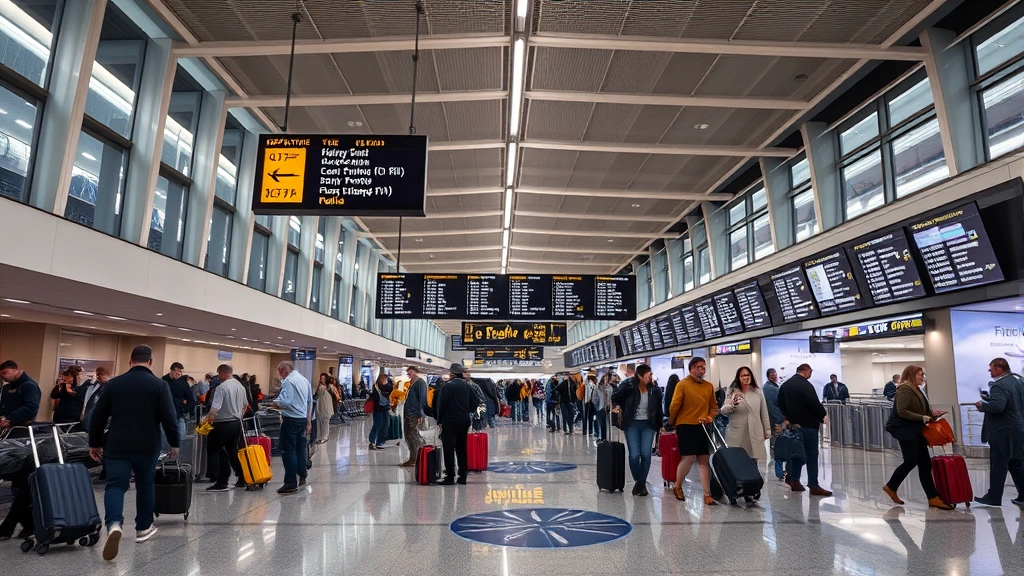Bustling international airport departure hall with passengers checking luggage, illuminated departure boards showing flight information, and modern architectural design