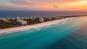 Aerial view of turquoise Caribbean waters and white sand beaches in Cancun Mexico with resort hotels and palm trees visible from above during sunset