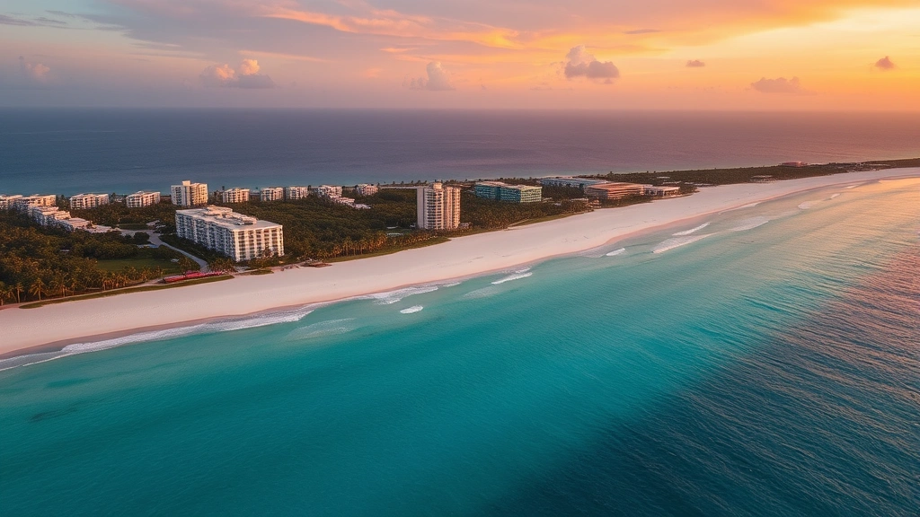 Aerial view of turquoise Caribbean waters and white sand beaches in Cancun Mexico with resort hotels and palm trees visible from above during sunset