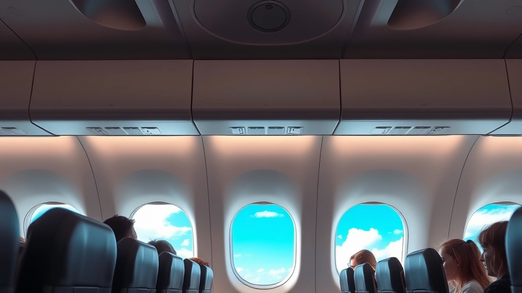Modern airplane cabin interior with passengers in seats during flight, bright natural light from windows showing blue sky and clouds during daytime