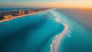 Aerial view of Cancun's turquoise Caribbean waters and white sand beaches with resort buildings visible from above, shot during golden hour
