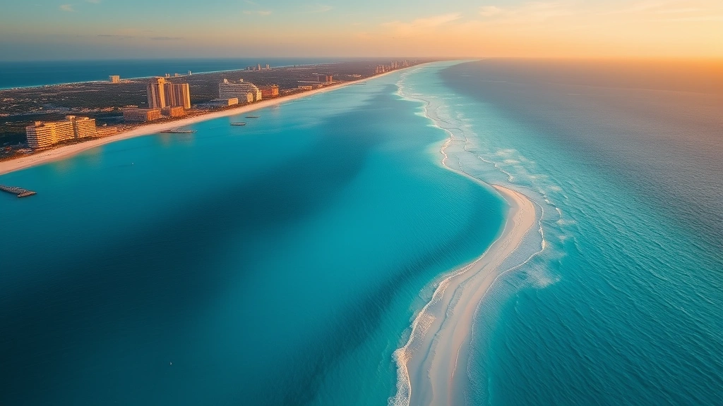 Aerial view of Cancun's turquoise Caribbean waters and white sand beaches with resort buildings visible from above, shot during golden hour