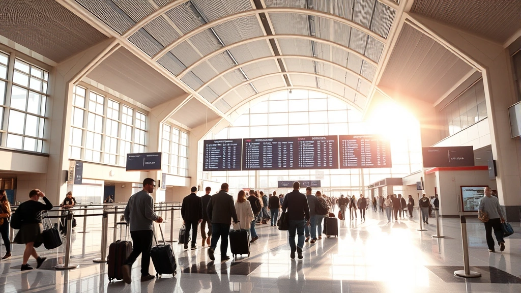 Modern airport terminal interior showing departure board and travelers with luggage, bright natural lighting and contemporary architecture