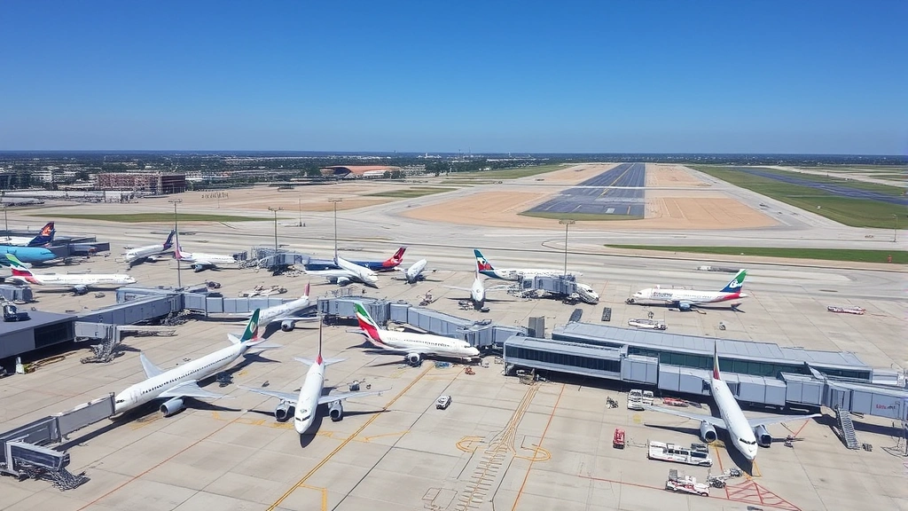Overhead view of Dallas-Fort Worth International Airport with multiple aircraft parked at gates, clear blue sky and runway visible